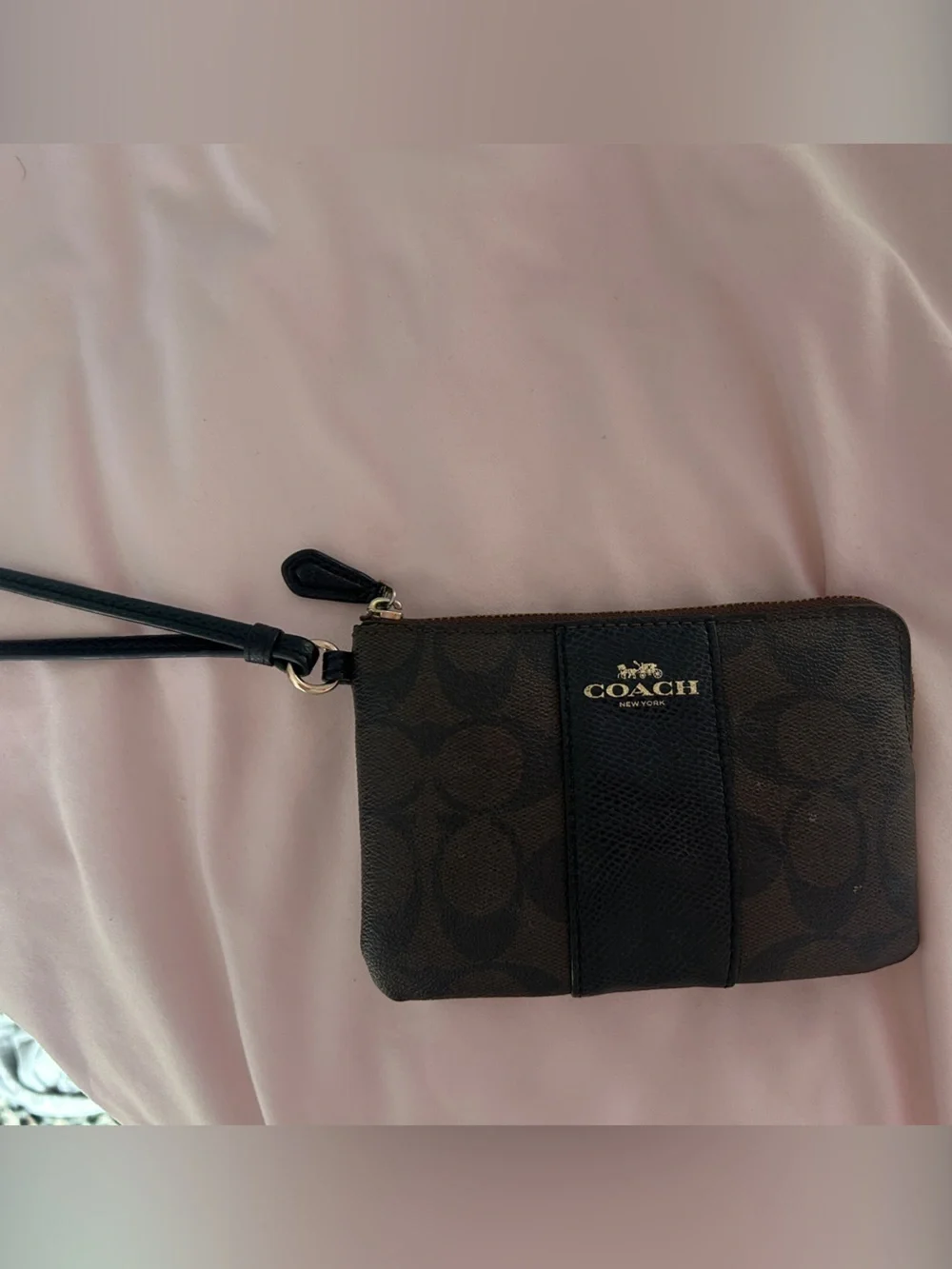 Coach F54429 Signature Canvas Leather Corner Zip Wristlet Brown Black